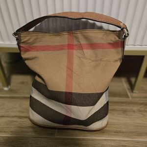 Authentic BURBERRY Canvas Mega Check Medium Ashby Hobo Bucket Bag Tan Leather